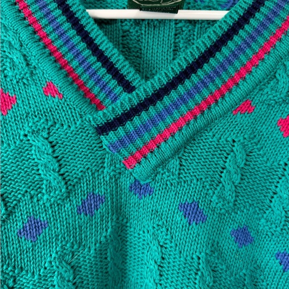 Vintage 80s 90s Izod Size Medium Cable Knit Tennis Sweater Teal Diamond V-Neck - Picture 6 of 6